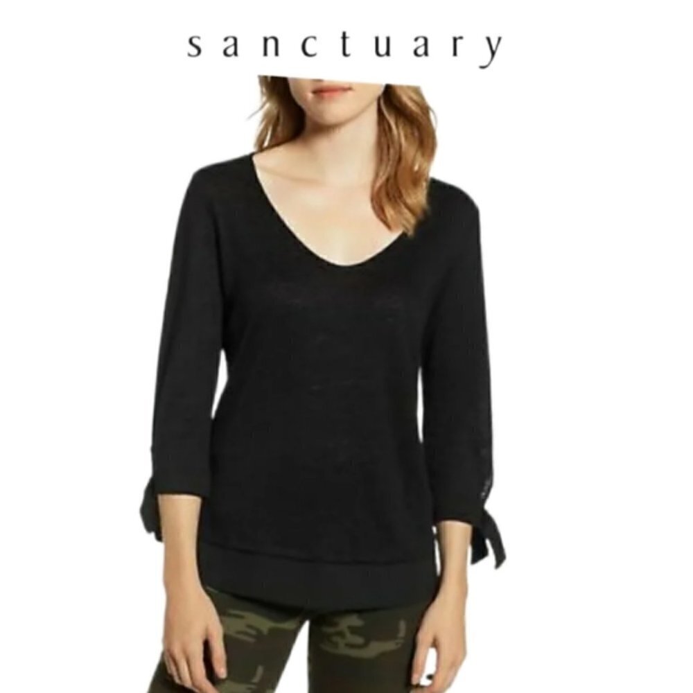 Sanctuary V Neck Black Sweater Top 3/4 Sleeve Lightweight Linen